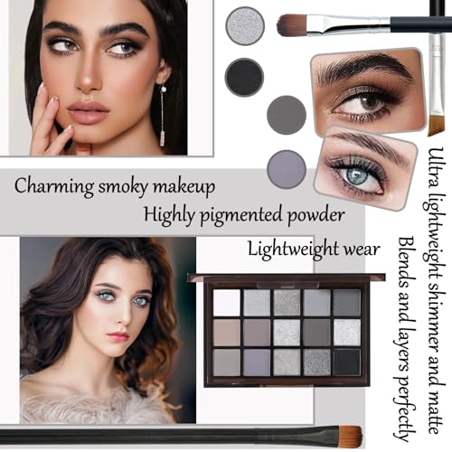 Black Grey Smoky Eyeshadow Palette,15 Colors Matte Shimmer Pigmented Eye Shadow Makeup Palette Set with 3 Eyeshadow Brushes,Glitter Eye Shadow Palette for Daily Halloween Goth Makeup(A)