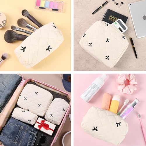Quilted Makeup Bag Set,3 Pcs Puffy Cosmetic Bags Aesthetic Make Up Bags,Small Zipper Pouch,Travel Toiletry Bag Purse Organizer Pouches for Women (White-Bow)