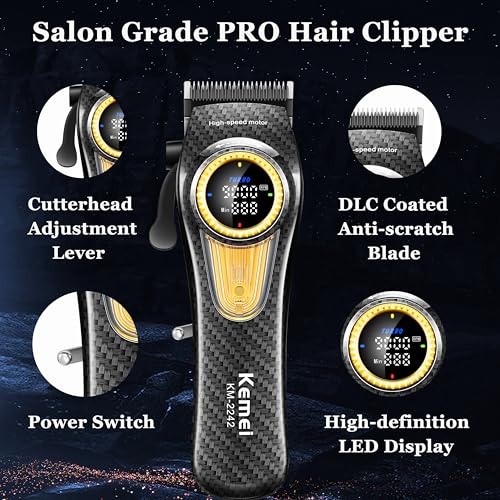 KEMEI 2242 Professional Hair Clippers for Men, Cordless Barber Clipper with LED Display & Charging Base, Hair Cutting Tools, 9000 RPM Super Torque Motor, Black