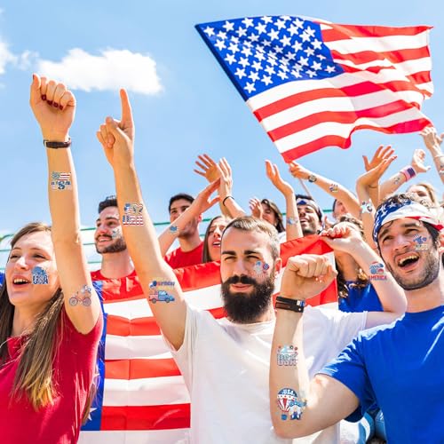 HOWAF 4th/Fourth of July Temporary Tattoos 96 Individually Sheets Giltter American USA Flag Tattoos Stickers Giltter gold and silver Independence Day Tattoos for Patriotic Independence Day