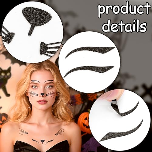 Halloween Cat Face Stickers Glitter Cat Face Tattoos Sticker Self-Adhesive Cat Whisker Eyes Body Temporary Tattoos for Women Girls Halloween Costume Accessories