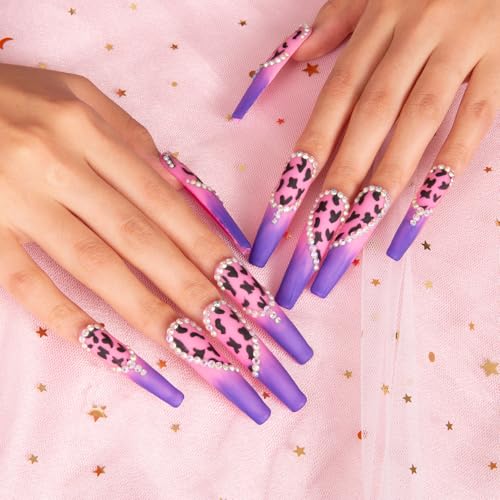 LOVFUL Press on Nails Boozy Lavender | Handmade with Full Covered Crystals | Reusable Full Cover Nails | Coffin Long 2.2 in | H211-M