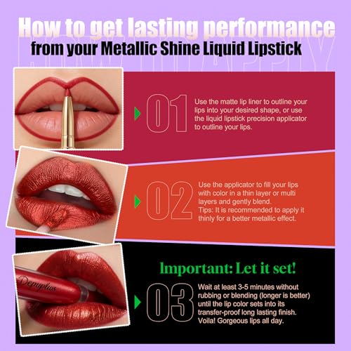 Red Metallic Lipstick and Lip Liner Combo Makeup 2-in-1 Shimmer Glitter Lipsticks for Women Metallic Lip Gloss Stain Waterproof Smudgeproof Long Lasting Lipsticks (GB26 One Kiss) | long lasting, metallic, waterproof, smugeproof, shimmer
