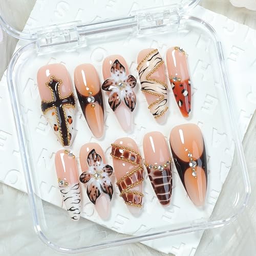Brown Tortoise & Leopard Press On Nails 10pcs, Handmade Luxury Long Almond Acrylic Nails with 3D Flowers, Gold Chain Accents & Rhinestones, Trendy Brown Gradient Fake Nail Set ? Appife