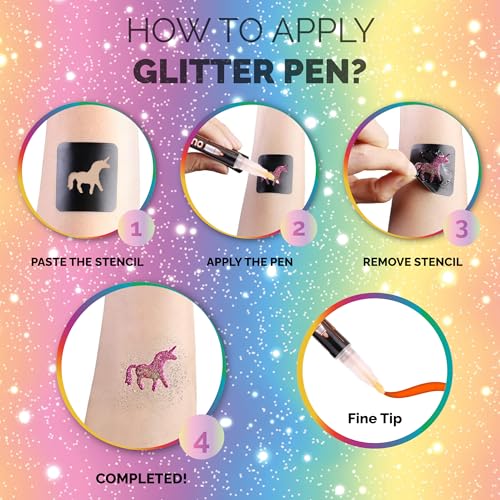 Glitter Tattoos for kids, Temporary Glitter Tattoo Markers for Skin, Glitter tattoo kit, Temporary Tattoos, face glitter, party bag fillers, girls birthday present, face glitter festival, face paint