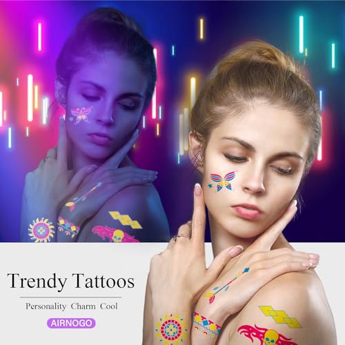 Temporary Tattoos 170 PCS Glow in The Dark Tattoos that React to Neon UV Black Light, Tattoos for Kids Teens and Adult, Neon Glow Party Decorations, Glow in The Dark Party Supplies, Glow Party Favors