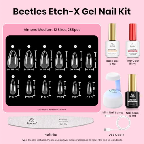 Beetles Gel Nail Kit Etch-X, Almond Medium, 288pcs 12 Sizes Nail Tips, 3Pcs 15ml HEMA-Free Nail Glue Top Coat & Base Gel Set, with Mini Lamp, Press On Nail, Long Lasting Extension DIY Set at Home