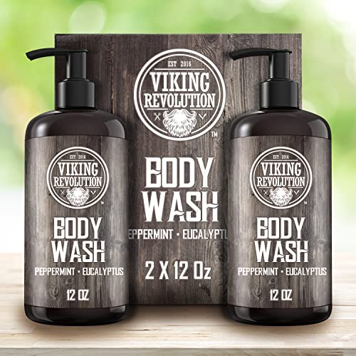 Viking Revolution Men's Body Wash - Eucalyptus Peppermint Body Wash for Men - Mens Natural Body Wash with Vitamin E and Rosemary Oil - Mens Shower Gel Liquid Soap - Peppermint Mens Bodywash (2 Pack)