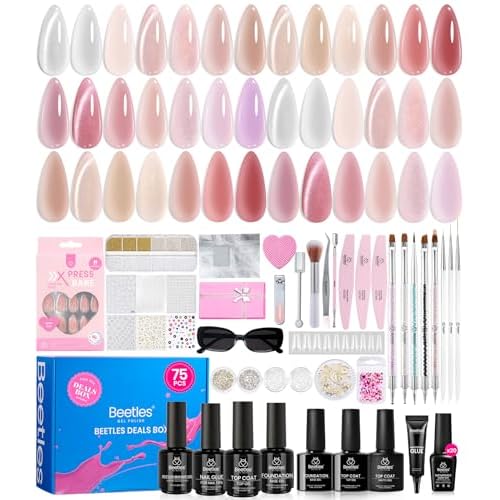 Beetles Jelly Gel Nail Polish Set - Christmas Gift Box Nude Sands Collection 75 PCS Jelly Nail Polish Kit Nude Pink Milky White Glitter Silver Cat Eye Base Glossy Matte Top Coat Winter Gift for Women