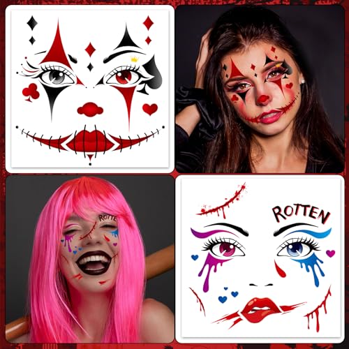 HOWAF 4 Sheets Halloween Clown Face Tattoos Joker Full Face Temporary Tattoos, Hallows' Eve Creepy Clown Evil Costume Tattoo Stickers, Jokers Clowns cosplay Make Up Facial Tattoo