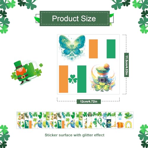 24 Sheets St. Patrick's Day Glitter Shamrock Temporary Tattoos, St Patricks Day Decorations Favors Supplies Waterproof Saint Patrick's Day Accessories Clover Tattoos Irish Party Leprechaun