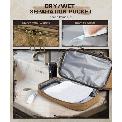 ARCFOX Travel Hanging Toiletry Bag for Men, Vintage Canvas Large Toiletry Bag with 7 Compartments, Camping Gym Travel Toiletry Kit Organizer with PVC Wet & Dry Pockets, Personalized Wash Bag, Brown