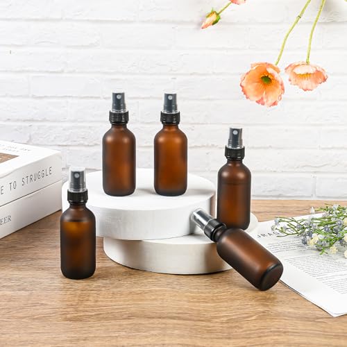 BILLIONSTARS 24 Pack 2oz Glass Boston Round Bottle with Fine Mist Sprayer - Amber Frosted - Essential Oils, Bath, Beauty, Hair & Cleaning - Leakproof Travel Bottles