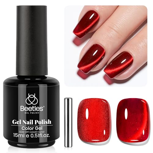 beetles Gel Polish Ruby Red Cat Eye Gel Nail Polish - 15ML Valentine's Day Red Cat Eye Glitter Gel Polish Magnetic Shimmer Effect Soak Off UV French Nail Art Design Salon DIY Manicure Gifts for Women