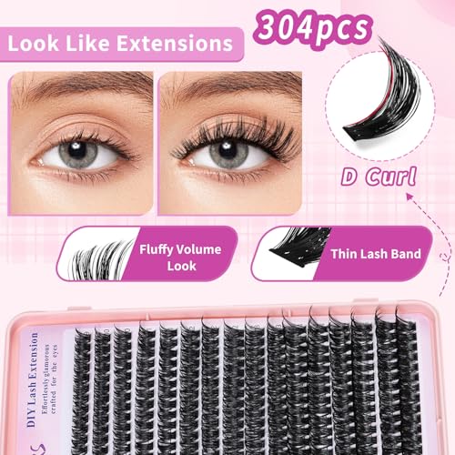 Lash Clusters Wispy 9-16mm 304pcs Volume Lash Extensions D Curvature Individual Lashes DIY Eyelash clusters Lashes fluffy false eyelashes(80D,0.07,9-16mm)
