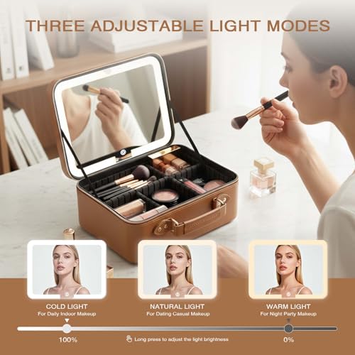 Prite Makeup Bag With LED Mirror 3 Light Modes Adjustable Brightness, Travel Cosmetic Train Case with Adjustable Dividers & Brush Holder, Portable Makeup Artist Organizer Bag for Women(Brown)