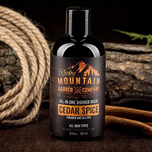Rocky Mountain Barber Company Cedar Spice All-In-One Body Wash ? Shampoo, Body Wash, Conditioner, Face Wash & Beard Wash with Essential Oils - 8 oz
