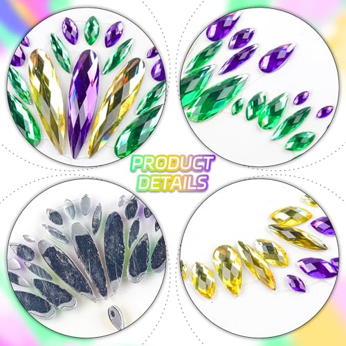 2 Sheets Mardi Gras Face Gems Jewels Stickers, Self-Adhesive Mardi Gras Eye Gems Sticker, Purple Green Gold Glitter Crystals Decoration, Mardi Gras Outfit for Women Party Costume Cosplay Makeup
