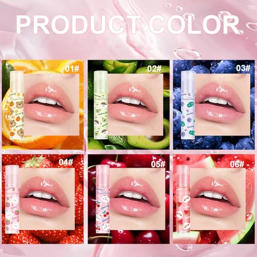 6Pcs Roll On Lip Gloss Oil Set,Hydrating and Nourishing Lips Light Lip Oil,Fruit Scents Vegan Lip Oil for Women