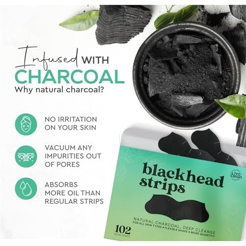 LivaClean (102 Strips Charcoal Blackhead Remover Pore Strips for Face Nose Pores, Blackheads Removal, Blackheads Removers, Blackhead Remover Strip