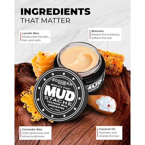Bossman MUDstache Unscented Mustache Wax for Men (1 oz) ? Strong 24-Hour Hold, Non-Tacky & Easy to Apply for Taming & Styling