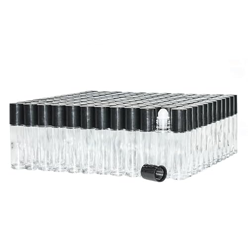 1/3oz plain roll on glass bottles with roller and black caps- 144 PACK; Essential Oils Roll On Bottle; Perfume Roller Bottles; Refillable Clear Glass; Deodorant Bottles