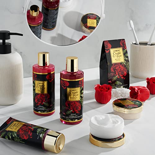 Valentine's Day Gift Basket for Her - Exotic Rose & Spa Bath & Body Set for Women, Anniversary & Birthday Gift with Body Scrub, Bubble Bath, Lotion & More