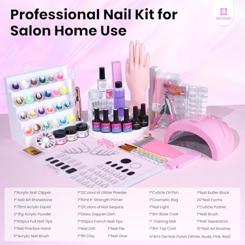 Nail Kit for Beginners with Everything: Professional Nail Kit Acrylic Set with Practice Hand Drill U V Light Gel Polish in Makeup Bag Gift for Women Salon Home (Holo Pink)