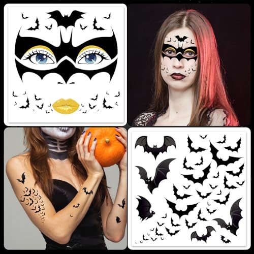 HOWAF 4 Sheets Halloween Bat Face Tattoos, Halloween Bats Tattoos Sticker for Hallows' Eve Masquerade Halloween Cosplay Raves Costume Accessories, Flaying Black Bat Temporary Tattoos Sheets