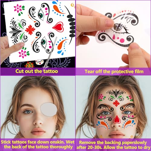 Ceiba Tree Day of Dead Glitter Tattoos 6 Sheets Halloween Temporary Sugar Skull Face Tattoos Floral Skeleton Full Face Mask Stickers for Women Adult Halloween Party Favor Supplies Decorations