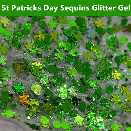 Go Ho Green Face Body Glitter,St Patricks Day Shamrock Hair Glitter Makeup,Self Adhesive Holographic Chunky Sequins Glitters,Irish Festival Four Leaf Clover Green Accessories