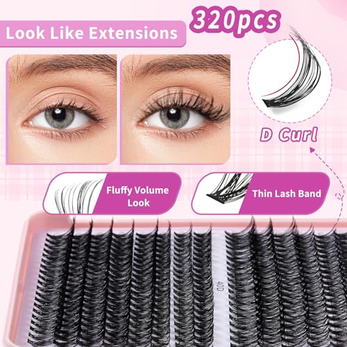 Lash Clusters Wispy 10-18mm 320pcs Volume Lash Extensions D Curvature Individual Lashes DIY Eyelash clusters Lashes fluffy false eyelashes(30+40D,0.07,10-18mm)