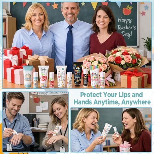 Loopeer 30 Sets Teacher Appreciation Gifts Bulk 5 Style Travel Size Lip Balm and Hand Cream Thank You Gift Sets for Teacher Staff Team Woman Man Office Supplies Back to School Party Favors