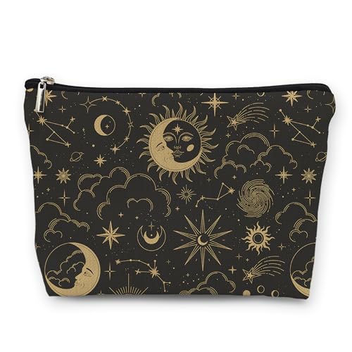 huester Black Golden Sun and Moon Star Witchy Makeup Bag, Moon Make Up Bag, Tarot Cosmetics Bag, Cosmetic Bags Travel Makeup Pouch Astrology Witchy Gifts for Purse Women Girls Sister Mom