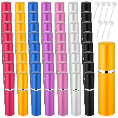 SHENLIU 56 Pcs Perfume Travel Refillable Atomizers Bulk Mini Atomizer Sprayer Perfume Bottle Portable with 56 Pieces Refill Pump Dispenser Pump Transfer Tool for Outgoing (7 Colors, 5 ml)