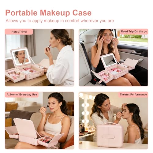 BEAUTY CASE Makeup Case with LED Light & Magnetic Mirror, 12 Inch Portable Travel Cosmetic Organizer Bag with 3 Partitions, Rechargeable, Large Capacity, Bright Lighting, Gift for Women Girls, Pink