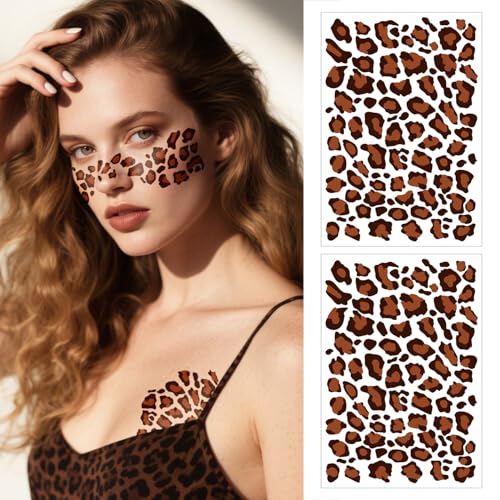 2Pcs Leopard Print Temporary Tattoos Waterproof Leopard Stickers 8 Colorful Cheetah Tattoos for Face Body Makeup Halloween Birthday Music Festival Party (Color5)