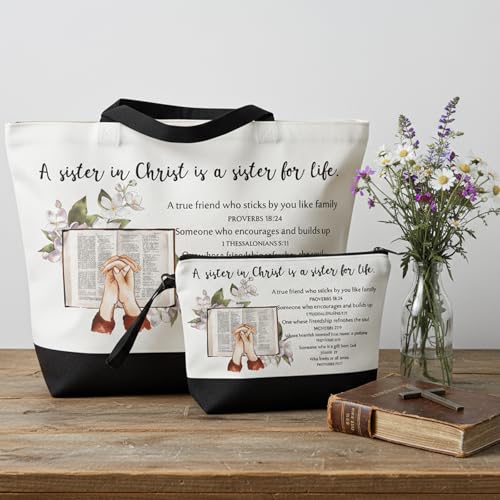 Paterr Christian Tote Bags for Women, Bible Tote Bag and Canvas Makeup Bag Inspirational Gifts for Mother Sister Ladies Birthday Easter Holiday Friendship Gifts
