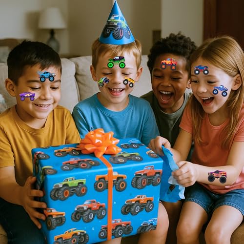 96PCS Monster Truck Pre-Cut Temporary Tattoos for Kids - Super Cute Birthday Party Supplies, Favors, and Decorations - Fake Tattoos Stickers for Boys, School Rewards, and Gifts (Normal)