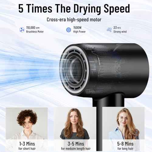 Hair Dryer - 110000 RPM High-Speed Brushless Motor Negative Ionic Blow Dryer for Fast Drying,Low Noise Thermo-Control Hair Dryer with Nozzle with Tri-Colour LED Light Ring, for Home and Travel