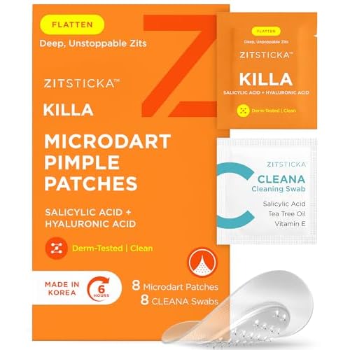 ZitSticka Killa Microdart Pimple Patches for Face - Most Potent Pimple Patch with Fast-Acting Microdarts - For Deep, Early-Stage Zits with Salicylic Acid - Regular 8 Count with Cleaning Swab