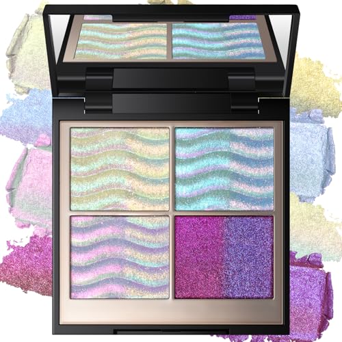 Duochrome Holographic Glitter Eyeshadow Palette, Chameleon Mermaid Blue Pink Plum Purple Double Color Shift iridescent Inner Corner Eye Face Highlighter Smooth Shimmer Eye Shadow Makeup