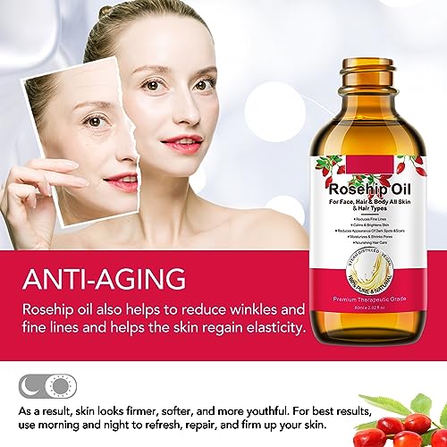 Rosehip Oil for Face, Rose Hip Oil Organic 100% Pure Cold Pressed for Anti-Aging, Nourishing Hair Care, Face & Skin (2.02 Fl Oz (Pack of 2))