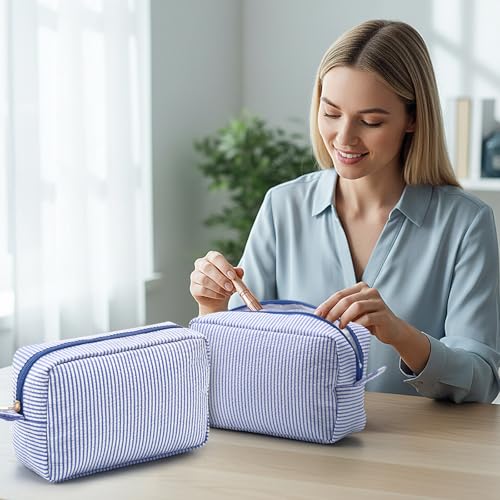 Sanwuta 10 Pcs Seersucker Cosmetic Bag Seersucker Makeup Bag Women Stripe Large Travel Toiletry Organizer Preppy Storage Pouch for Embroidery Wedding Bridesmaid Bride Mom(Sea Blue)