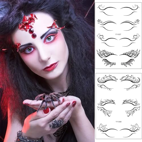 Halloween Eyeliner Stickers, 8 Sheets Makeup Temporary Tattoo Black Eye Shadow Stickers Waterproof Face Eye Art Decor for Masquerade Carnival Cosplay Dancing Ball Party Decals Prank Props