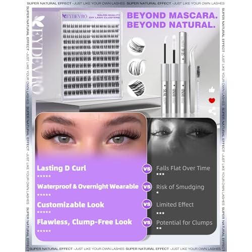 EYDEVRO Natural Lash Clusters Kit Wispy Eyelash Clutsers Kit 10-16mm Cluster Eyelash Extensions D Curl Lash Extension Kit Salon-quality Cluster Lashes at Home Lash Bond and Seal, Tweezers, Brush