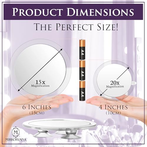 20X & 15X Magnifying Makeup Mirror Set with 3 Suction Cups Each - Compact & Travel Ready & Large Hand Held Mirror with Comfy Handle for Women and Men - Personal Barber Haircut Mirror