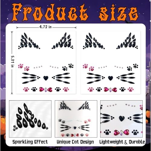 Voiiake Crystal Cat Face Gems Stickers, 2-Sheet Cat Print Gem Jewels, Black Cat Costume Women Accessories for Halloween Makeup