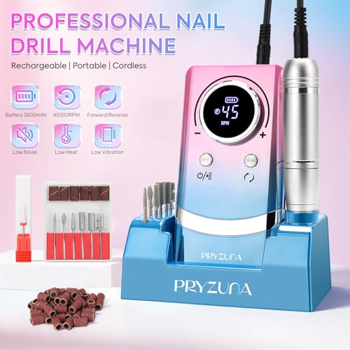 Electric Nail Drill Professional 45000RPM, Portable Cordless Nail File for Acrylic & Gel Nails, Rechargeable E-File Machine with 7 Drill Bits, 56 Sanding Bands & Base, for Salon or DIY Home (Gradient)