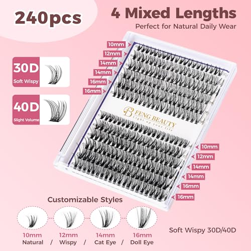 DIY Lash Clusters Kit, 240PCS 30D+40D Mixed Lengths 10?16mm, Natural Wispy Fluffy Look, 2-in-1 Bond&Seal+Precision Tweezer, Lashes Extension Kit (0.07D, 10-16mm, Individual Lashes Kit)
